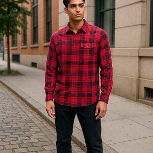 Under Armour Mens Medium Flannel Shirt Loose Red Black Plaid Pocket Outdoors M